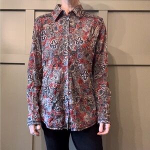 Sno Skins Paisley Floral Printed Long Sleeve Button Down Shirt Blouse Size Large
